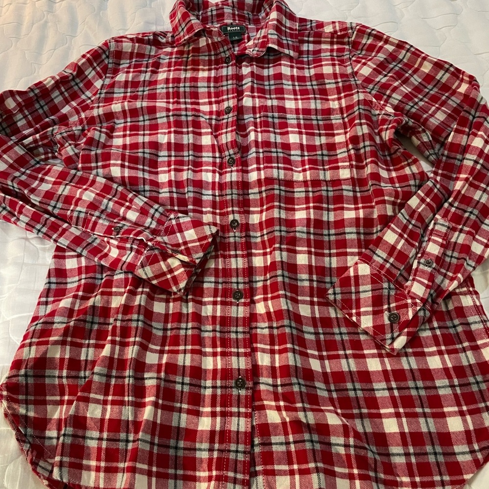 Roots Red and White Button Down Shirt Classic Plaid Design